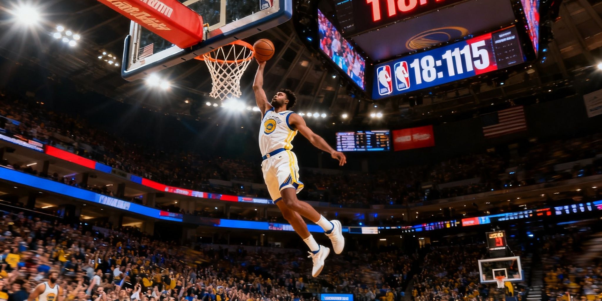 NBA篮球馆内灯光璀璨，球员飞身扣篮的震撼瞬间被178直播高速摄像机定格，计分板数字跳动，观众席一片沸腾
